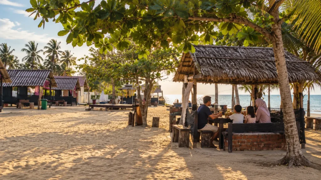 Keluarga bersantai bersama di gazebo Pantai Tapang
