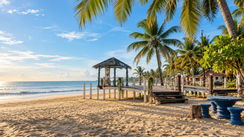 Gazebo dan pokok kelapa di pesisir Pantai Tapang