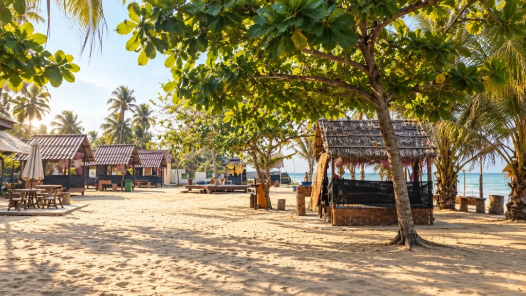Teduhan gazebo di bawah pokok tepi pantai