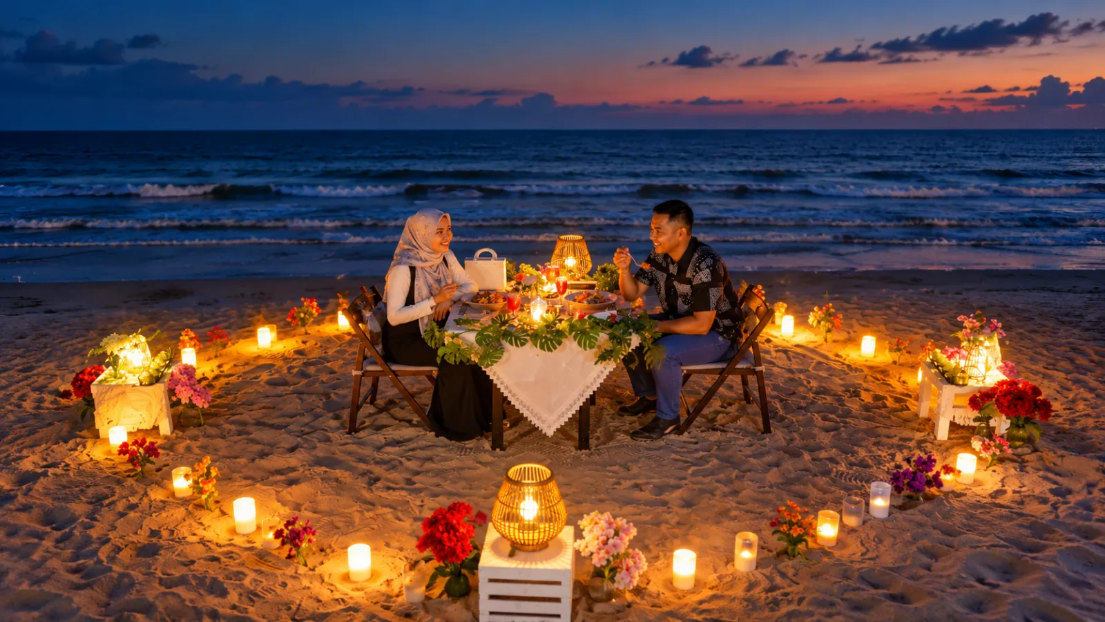 Suasana candlelight dinner berdua di tepi pantai